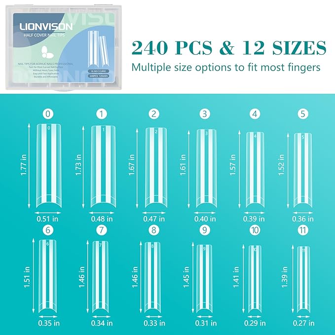 LIONVISON No C Curve Square Nail Tips, XXL 12 Sizes Tapered Square Nails Tips Half Cover Extra Long Clear Straight Nail Tips 240PCS for Nails Art with Box