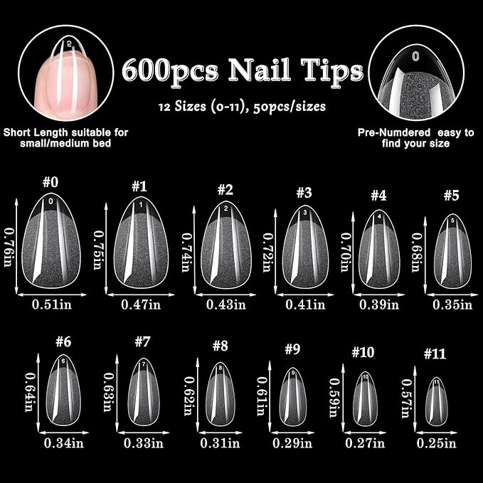 AddFavor 600pcs Short Almond Nail Tips, Soft Gel Nail Tips Almond Short Clear Fake Nails Full Cover Acrylic Nails Tips for Extension Nail Manicure Salon Home DIY