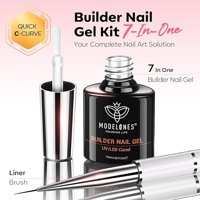 modelones Builder Nail Gel, Clear Builder Nail Polish 7-in-One with Detachable Liner Nail Brush LED Lamp Cured Strengthener Color Rubber Base Coat for Apex Building Extension Thickening 10ml