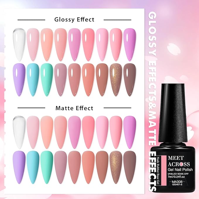 MEET ACROSS 18Pcs Rubber Gel Base Coat for Nails, Nude Brown Rubber Base Gel Polish Pink Violet Strengthener Gel for Thin Weak Nails 7ml