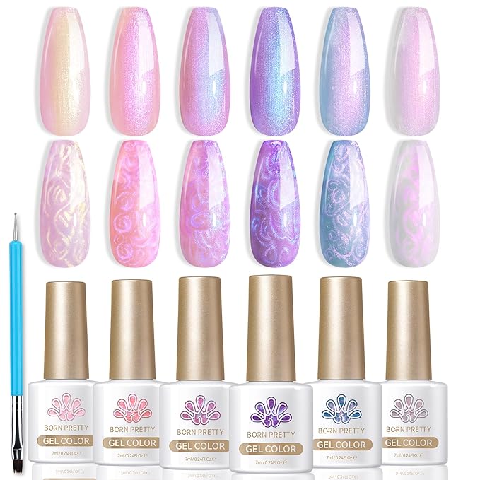 Born Pretty Pearl Gel Nail Polish, 6 Colors Pearl Pink White Purple Shimmer Mermaid Gel Polish Nail Drawing Glitter Polish Soak Off Led Swirl Shell Thread Effect DIY Manicure Gift for Women