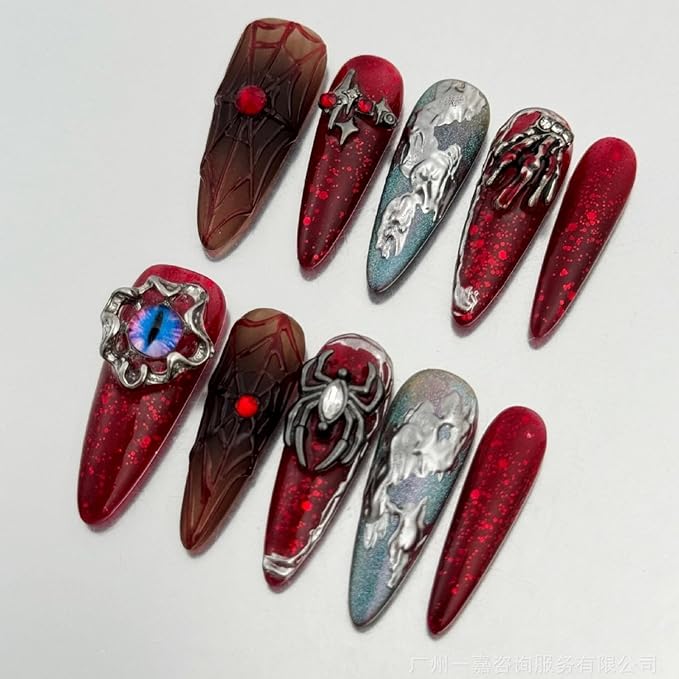 Halloween Press on Nails Luxury Red Black Fake Nails 3D Handmade Spider & Eyeball Unique Design Nail Art Thick Long Almond Halloween Spider Web Handbone Acrylic Nail for Women（Size M)
