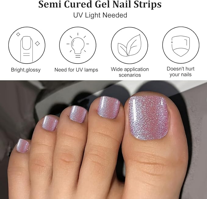 34 Pcs Semi Cured Gel Toe Nail Strips Light Purple Glitter Gel Nail Stickers Full Cover Nails Wraps Self Adhesive Toe Nails Polish Strips Stickers for Women UV/LED Light Required