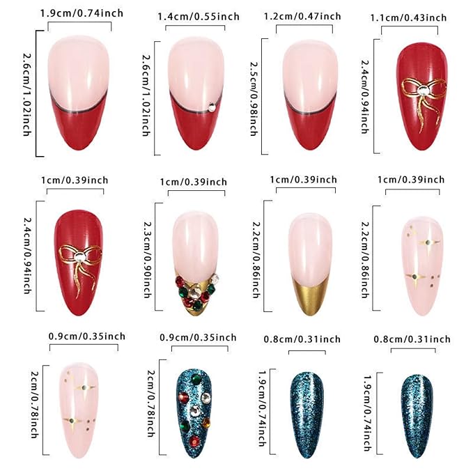 Christmas Press on Nails Almond Fake Nails Medium Artificial Nail Stick on Nail for Women 24pcs