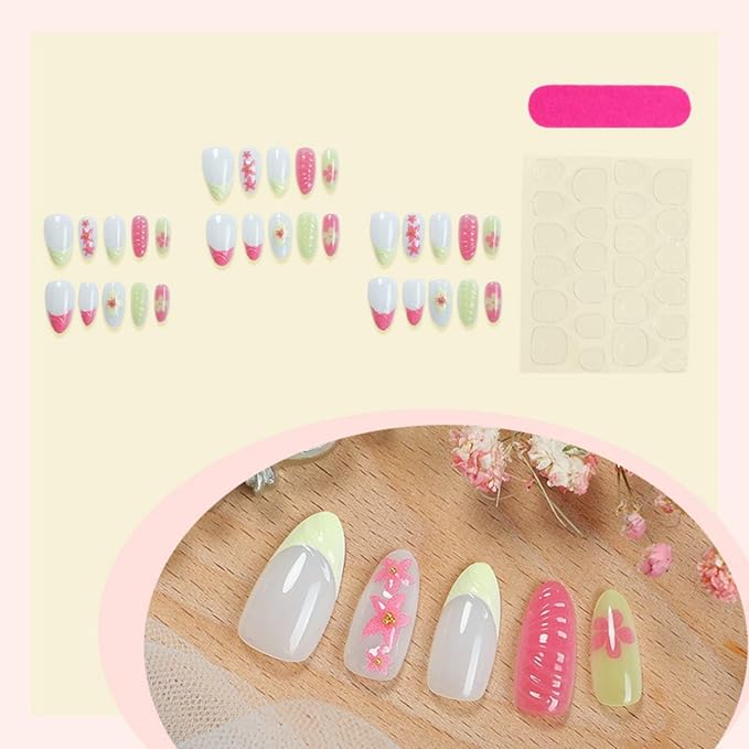 Medium Press on Nails Almond Fake Nails French False Nails Pink Artificial Nails with Floral Designs Acrylic Nail Press ons Cute Stick on Nails for Women 24pcs