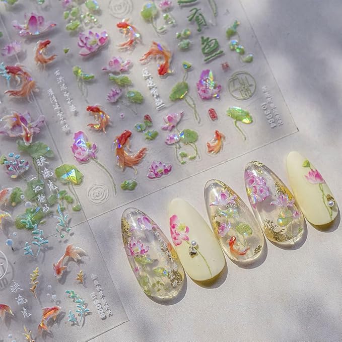 2Sheets Holographic Koi Fish and Lotus Flower Nail Art Stickers, Clear Transparent Design, Iridescent Effect