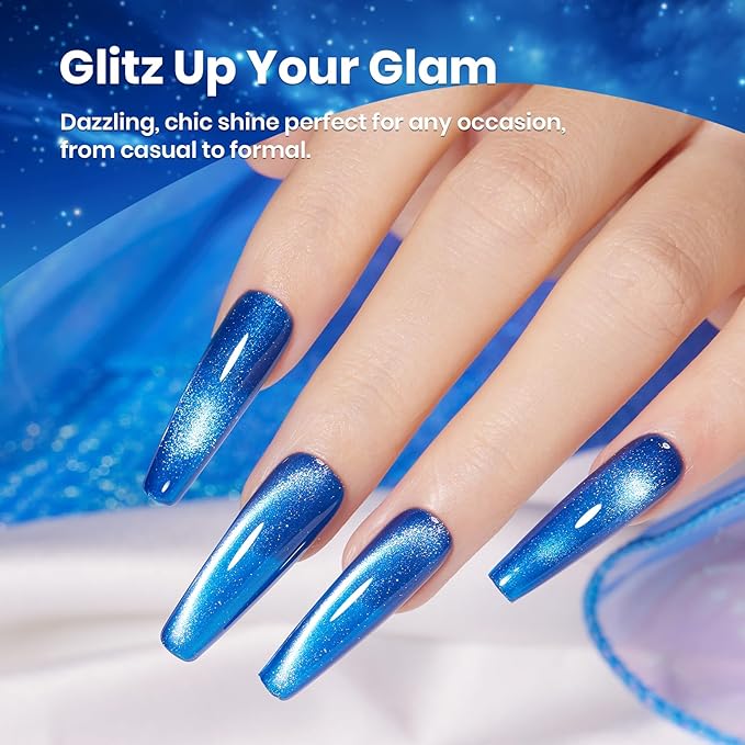 Beetles Blue Cat Eye Gel Polish, 15ML Cat Eye Glitter Gel Polish with Magnet Soak Off UV Shimmer Velvet Gel Stellar Blue Series French Nail Art Manicure Gifts for Women