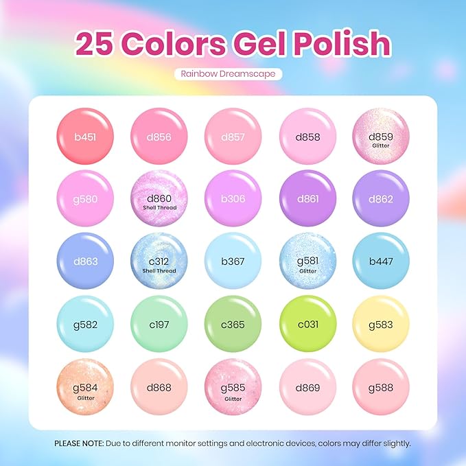 Beetles Spring Gel Nail Polish Set - Rainbow Dreamscape 25 Colors Gel Polish Kit with Base Coat&Top Coat Soak Off UV Led Nail Set Pastel Glitter Colors Nail Art Kit Easter Gifts for Women&Girls