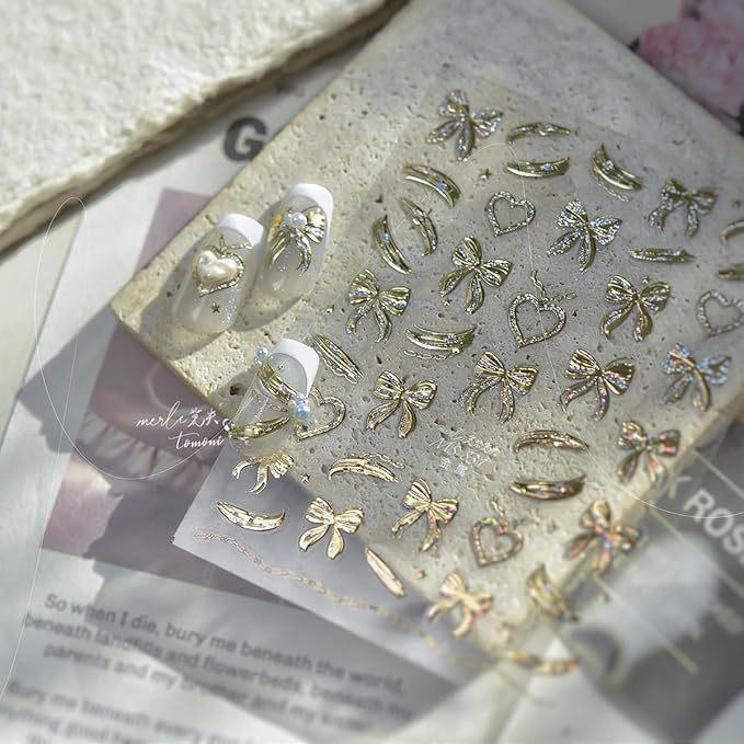 5D Embossed Gold Bow Nail Stickers Self Adhesive Gold Heart Nail Art Stickers Metal with Glitter Love Bow Design Cute Valentines Day Nail Decals Nail Art Supplies for Women Acrylic Manicure Salon Tips