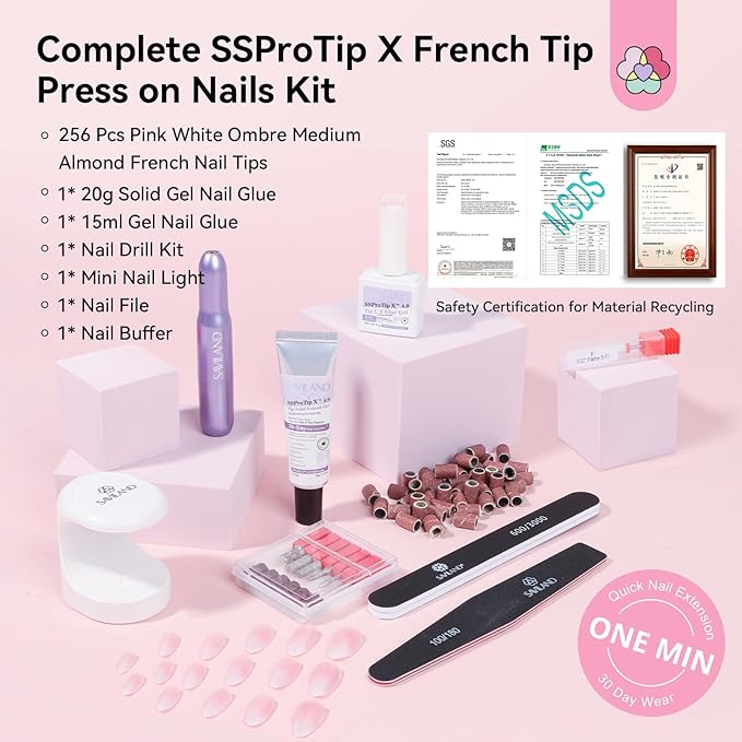 SAVILAND Gel Nail X Kit Almond: 4-In-1 Almond Press On Nail Tips with Glue White Pink Ombre Medium Almond 256 Pcs False Nail Tips Strong Glue On Nails Mini Nail Lamp Electric Nail Drill At Home