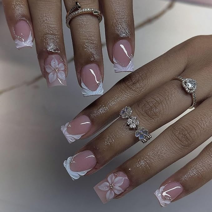 Short Press on Nails Square - White French Tip Fake Nails with Flower Design - Spring Stick on False Nails - for Women 24 Pcs