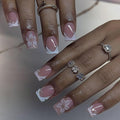 Short Press on Nails Square - White French Tip Fake Nails with Flower Design - Spring Stick on False Nails - for Women 24 Pcs