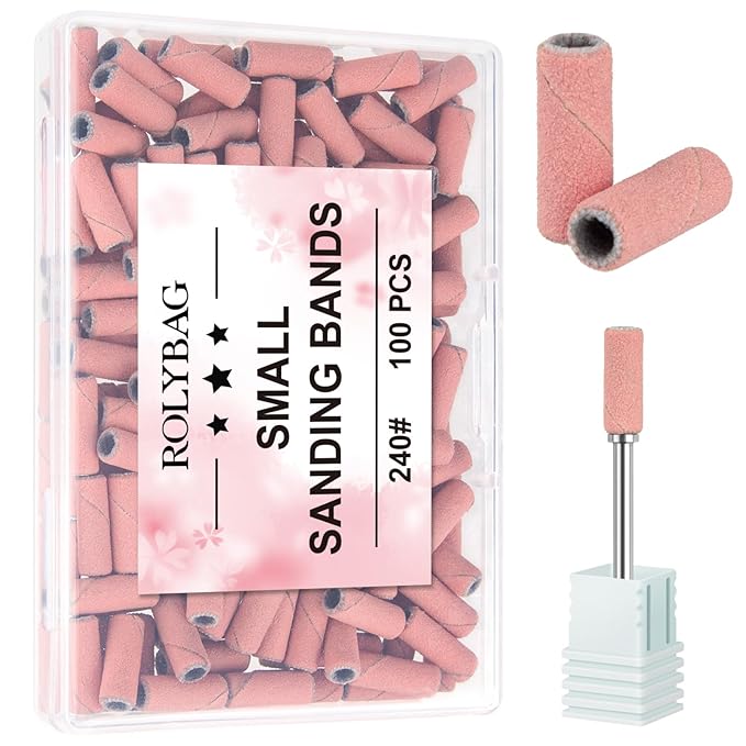 Rolybag 100pcs Small Sanding Bands Nail Drill Bits 240 Extreme Fine Grit Nail File Sanding Bands with 3.1mm Mandrel Bit for Acrylic Nails Gel Removing Shaping Professional Manicures and Pedicure, Pink