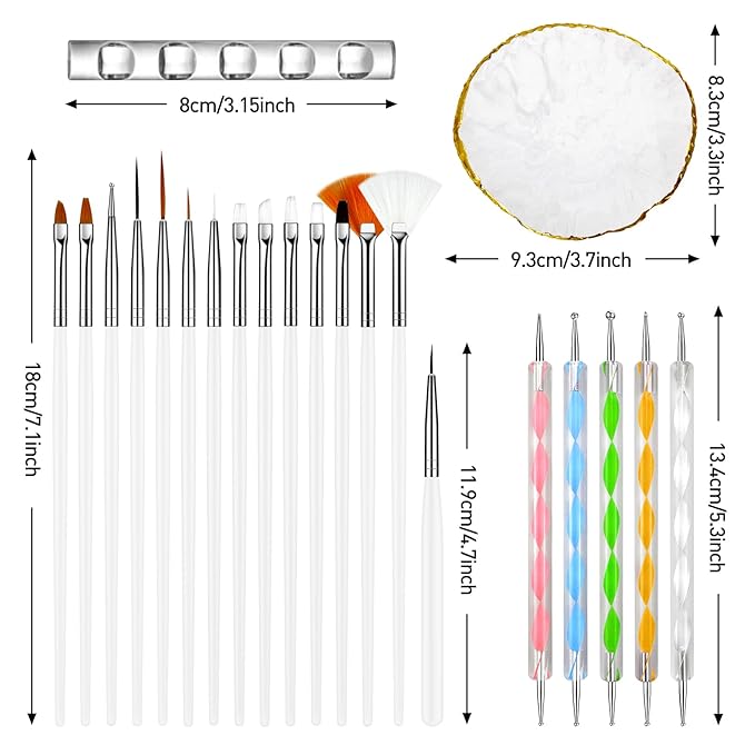 White Nail Art Brush 22 Pcs Set, 2 Head Acrylic Silicone Engraving Dotting Pen Tools Dust Brush, Striping Liner Drawing Pens, Resin Palette, for Nail Art DIY Home Salon Makeup Display Board