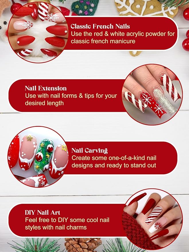 EBANKU Acrylic Powder, 6 Colors Acrylic Nail Powder Red Green White Gold Glitter Acrylic Powder for Nail Extension French Nail, Long-Lasting, No Nail Lamp Needed, 0.35 oz