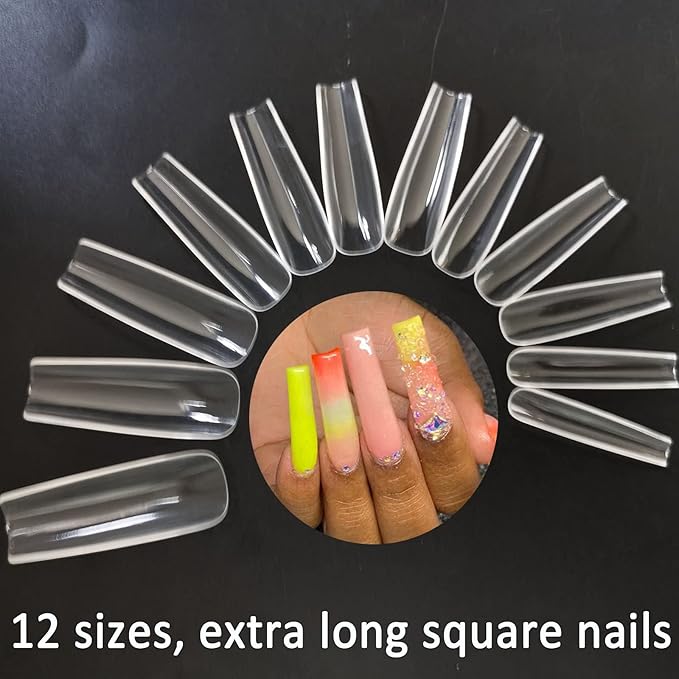 240pc XL Clear Square Acrylic Nail Tips Full Cover Extra Long Square Fake Nails Press on Nail Clear False Nails 10 Sizes Artificial Nails Tip for Gel Nail Extension Fingernails Designs