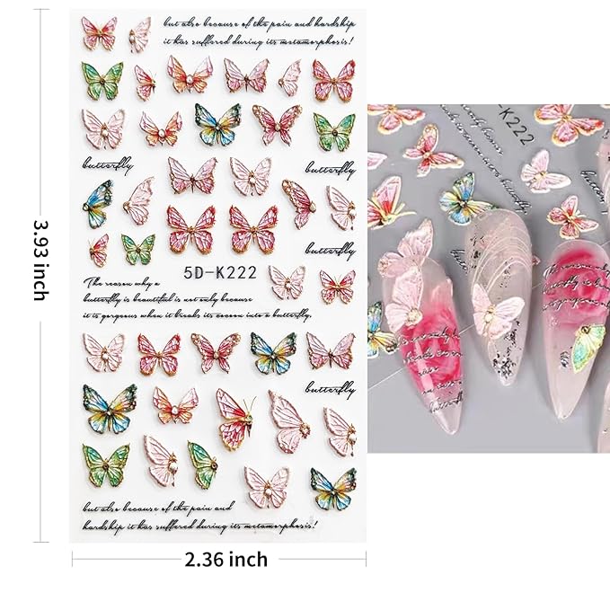 Colorful Butterfly Nail Art Stickers, Flower Nail Art Stickers 5D Embossed Decals for Women's Nail Design, Self-Adhesive Decoration