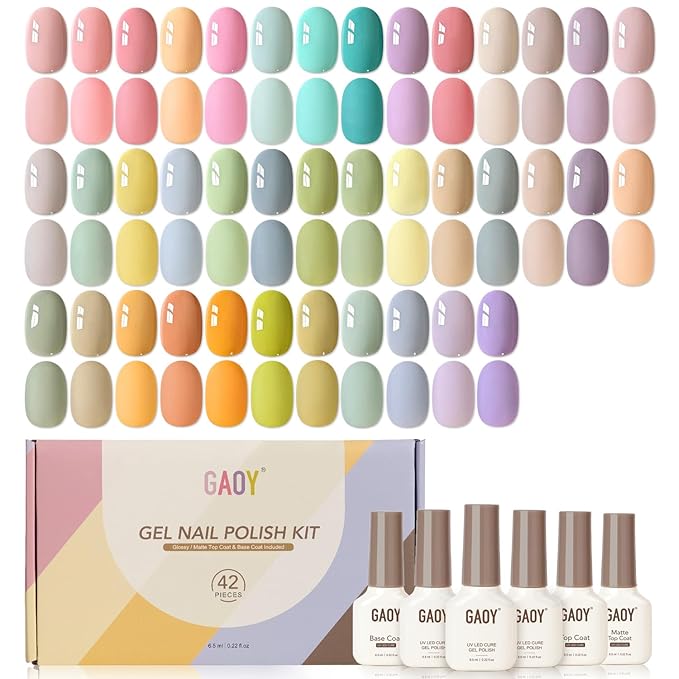 GAOY 42 Pcs Gel Nail Polish Kit, Pastel Spring Summer Pink Green Colors Gel Nail Polish Set with Glossy & Matte Top Coat and Base Coat for Salon and DIY Manicure at Home