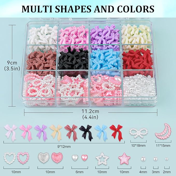 600 Pcs 3D Nail Charms and Flatback Pearls #5, 8 Colors Bow + Pink&White Star Heart Moon Cute Charms + 2-6mm White Pearls for Nail Art Design with Nail Charm Glue(UV Needed) and Pickup Tools