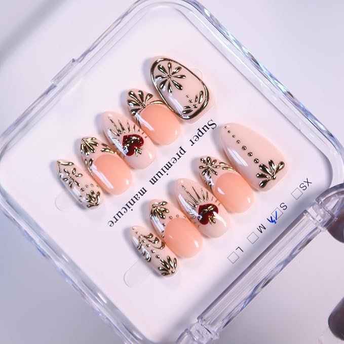 Oval Press On Nails - Medium Length Almond Handmade Unique Fake Nails, Short Thick Acrylic and Muti-Layer Gel False Nails, Valentine's Day press ons (Size S)