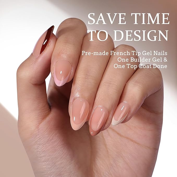BTArtboxnails XCOATTIPS Press on Nails Short - Skin Tones Almond Nail Tips, Soft Gel Nail Tips with Nail Gel, French Protecting Duo, Nail Lamp, All in One Fake Nails French Tip Nails Kit