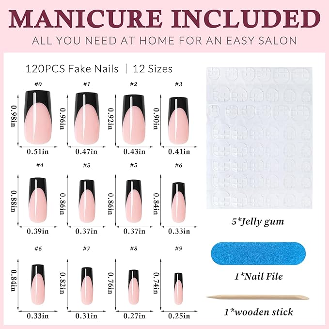 120PC Black French Tip Press on Nails Medium Fake Nails Press ons with 5*Adhesive Tabs, Pink Square Acrylic Nail Press on Nail French Tip Nails False Artificial Fingernails Stick on Nails-N