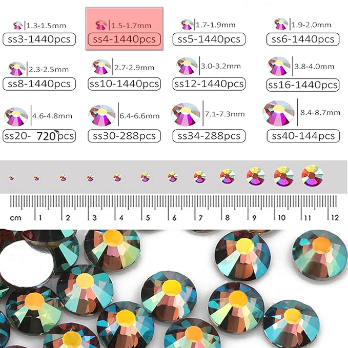 Dowarm 1440 SS4 Flatback Rhinestones, 1.5MM Mini Flatback Crystals for Craft & Dance Costumes, Glass Flat Back Crystals, Non Hotfix Crystal (SS4 / 1.5MM, Ghost Shiny)