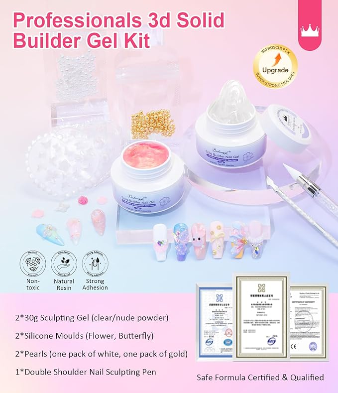 Solid Builder Gel For Nails - Non-Sticky Hand 3D Gel Nail Art Easy Shape 3D Sculpting for Extensions & Carving Molding Sculpture with Silicone Mold Tools Home Salon Manicure DIY