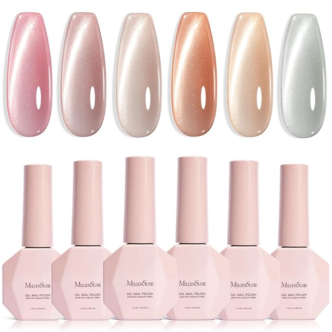 MelodySusie Minimal Nude Pink Cat Eye Set Cat Eye Gel Nail Polish Set 6 Pcs, 0.26 Fl Oz Glitter Holographic Magnetic Nail Polish with Magnet, UV Nail Polish for Nail Art Manicure Salon DIY at Home