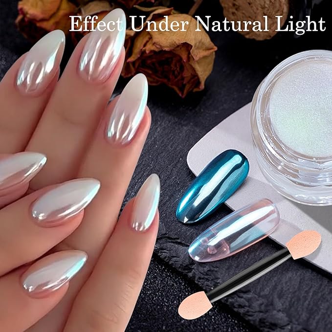 2Pcs White Chrome Nail Powder Clear Blue Glass Effect Super Glossy Glazed Donut Chrome Powder for Nails Art, Pearl Nail Glitter Pigment Dust for Gel Nails Polish Design with Tools