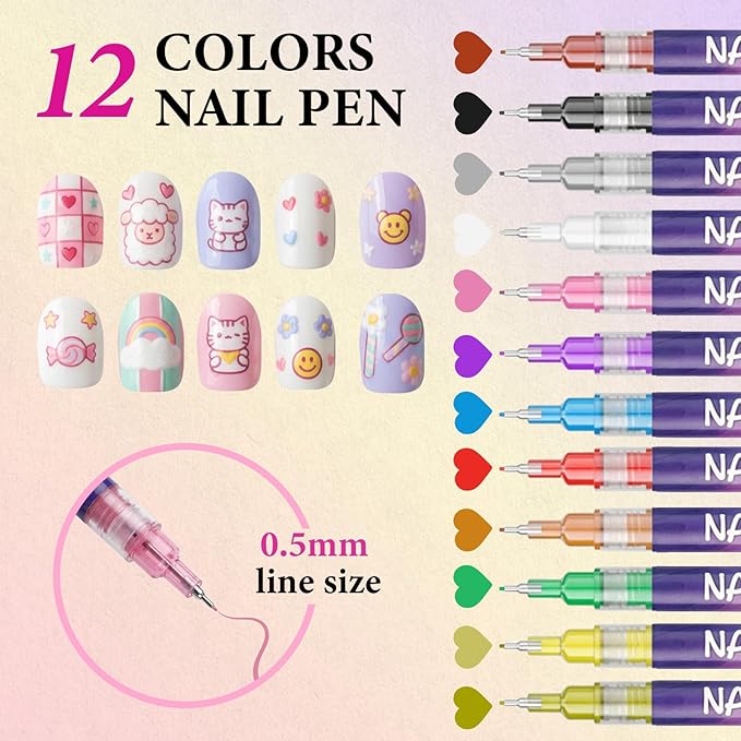 12 Colors Nail Art Pens Set, Acrylic Nail Polish Pens with 0.5mm Fine Tip, Quick-Drying & Waterproof Nail Art Pens for DIY Nail Designs, Home & Salon Use