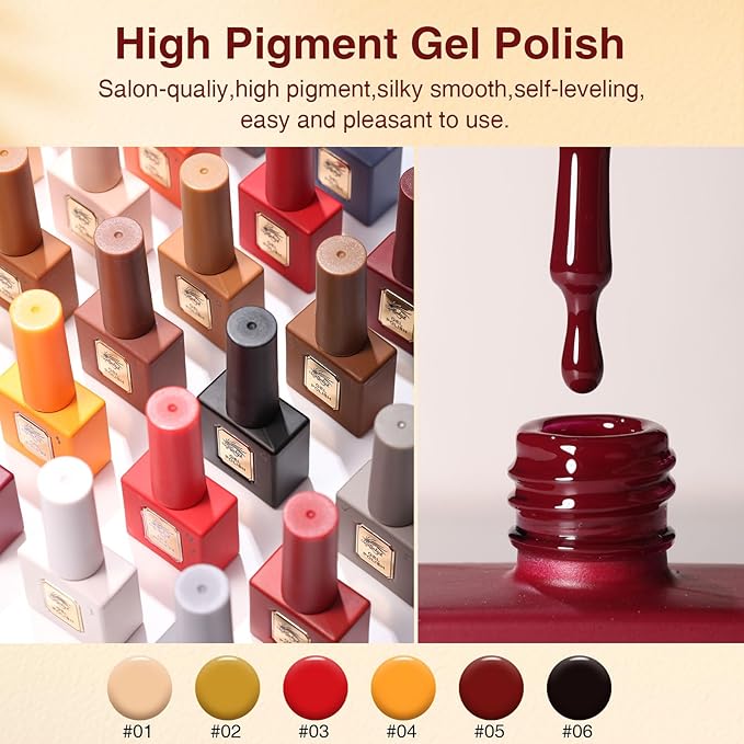 Gel Polish Set of 6 Colors 12ml with Red Orange Brown, Gel Polish Kit for Salon DIY at Home, Soak Off LED UV Gel Nail Polish, Gifts for Women Girls