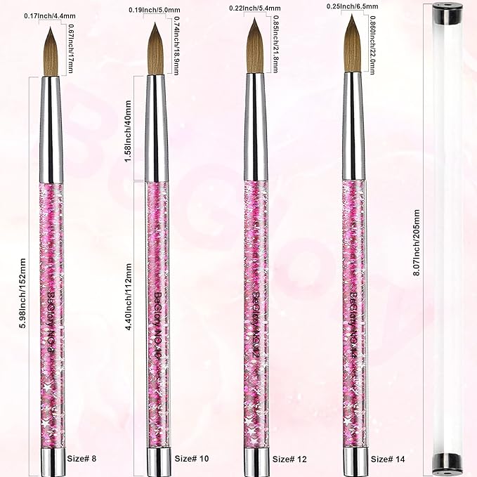 Acrylic Nail Brush Set, 4PCS Acrylic Nail Brushes Professional Nail Brush for Acrylic Application 3D Nail Carving DIY Acrylic Powder Brushes Liquid Glitter Nail Art Brush Size #8#10#12#14 (Pink)