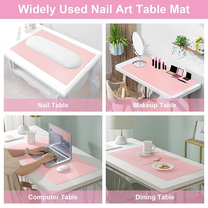 Nail Art Table Mat,Foldable Nail Arm Rest Pad for Nails,Soft Microfiber PU Leather Nail Table Pad, Waterproof Nail Mat For Nail Tech, Manicure Pad for Nail Technician Salon Home-Pink