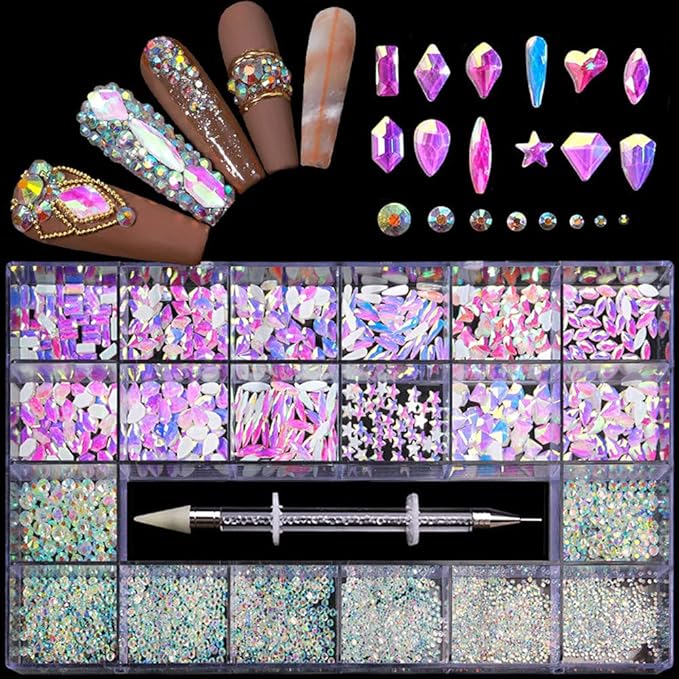 1 Box 21 Grid Mocha Opal Rhinestones for Nails 600 Pcs Multi Shapes Nail Rhinestone Gems Nail Jewels with 2500 Pcs Crystal Rhinestones Diamonds Nail Dotting Pen Kits for Nail Art Craft Acrylic Nails