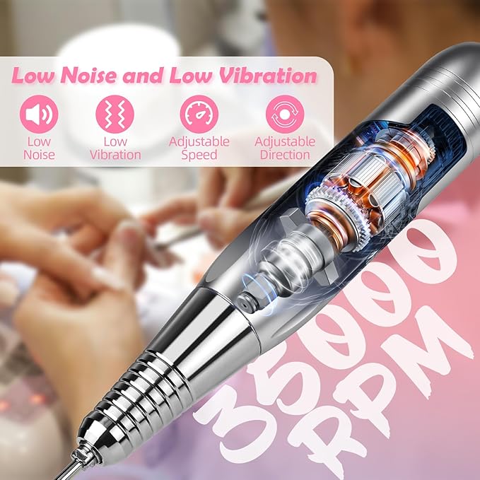 CIVPOWER Nail Drill, Portable Rechargeable Tool Kit with 35000RPM Electric Nail File and LED Display for Manicure, Pedicure, Salon, Home, DIY (White)