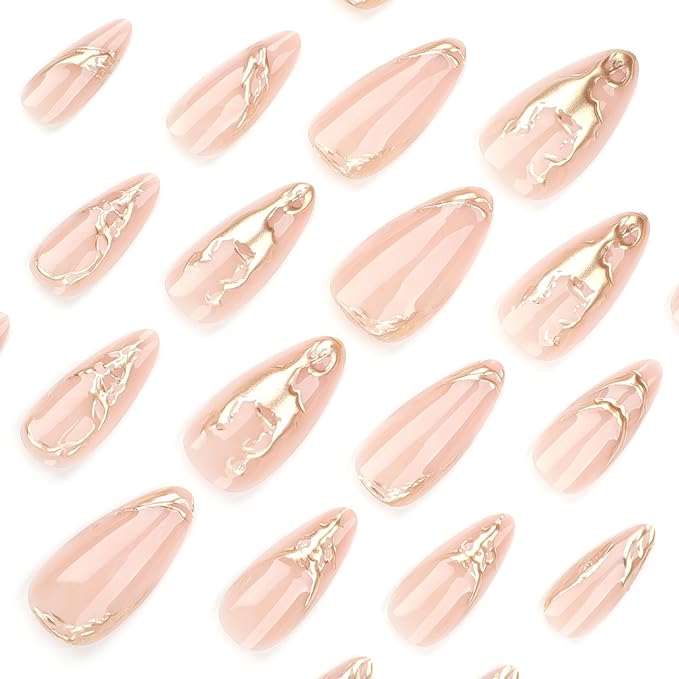 Gold Press On Almond False Nails - Medium Fake Nails with 3D Gold Chrome Design - Glossy Full Cover Stick On Press Ons for Women - 24 Pcs