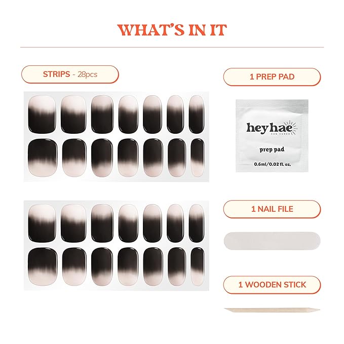 Heyhae Semi Cured Gel Nail Strips | No LED Lamp Needed | Ombre, Black, Pink | Easy Apply & Remove, Salon Quality | Includes 28 Strips, 1 Prep Pads, Nail File & Wooden stick - Hey, Flash On Please