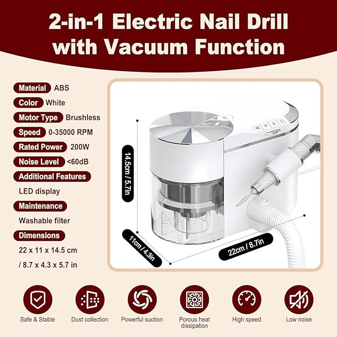 2-in-1 Nail Dust Collector & Electric Nail Drill File Kit, Nail Drill Manicure Machine with 30000 RPM Brushless Motor, ≤58dB Ultra Quiet, Adjustable Suction & Angle, Extension Hose Purple