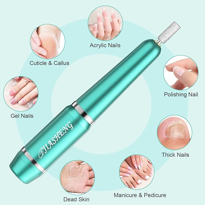 JIASHENG USB Electric Nail Drill, Portable Electric Nail File for Acrylic Gel Nails, Professional Drill Nail Kit Manicure and Pedicure Kit with Drill Bits for Home and Salon Use, Green