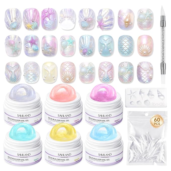 SAVILAND 6PCS Solid Builder Nail Gel Kit: Non-Sticky Dreamlike Aurora Colors 30 Days Long-Wear 10g 3D Sculpting Gel for Nail Art with Sculpting Pen Dual Form Salon DIY Use
