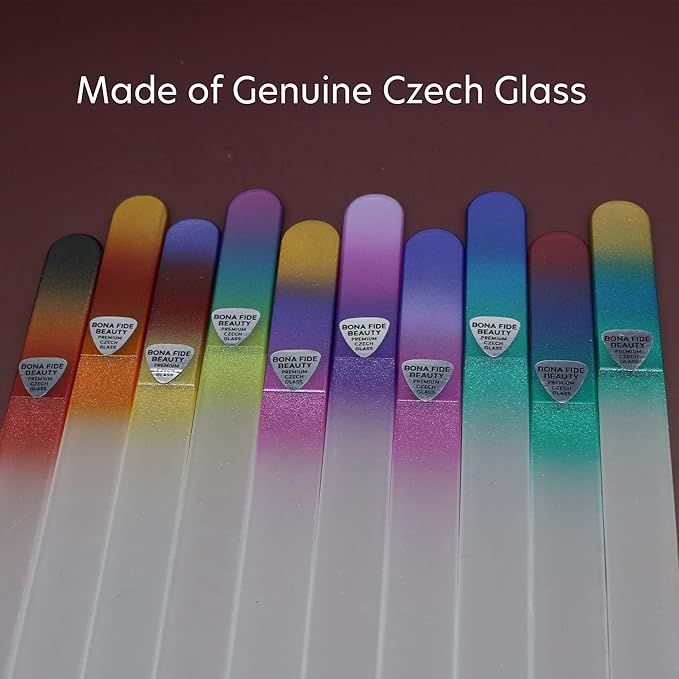 Bona Fide Beauty Czech Glass Nail Files Set - 10-Piece Crystal Nail Files Set in Sleeves, Bulk Nail Files from The EU (Multicolor)