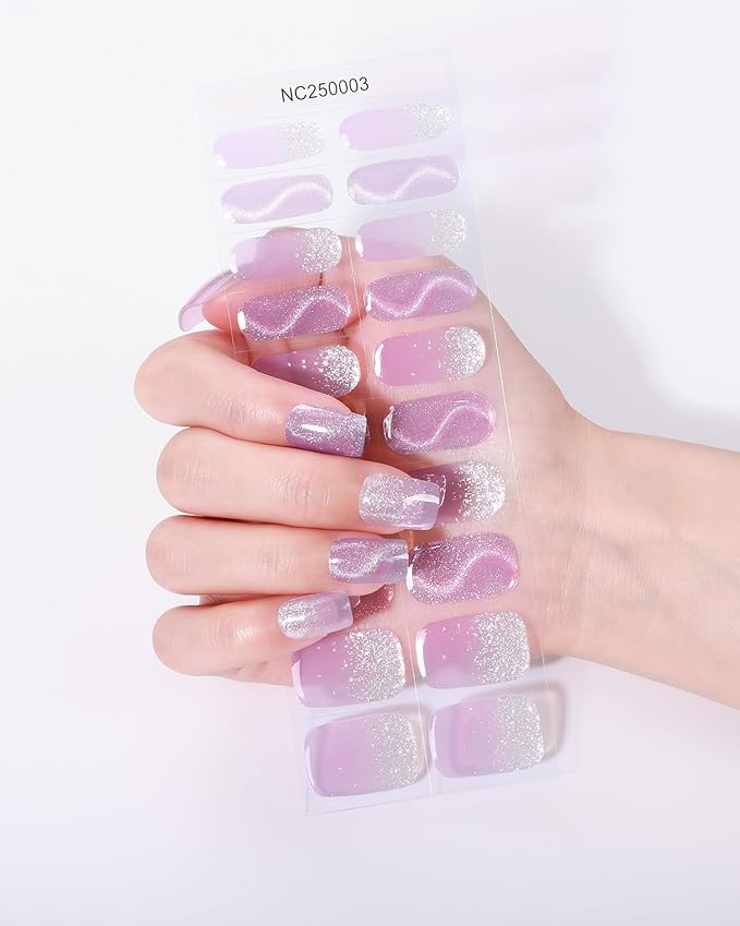 Semi Cured Gel Nail Strips - 20pcs Glaze Gel Stickers, Salon Quality DIY Wraps, Easy to Apply, UV Light Required