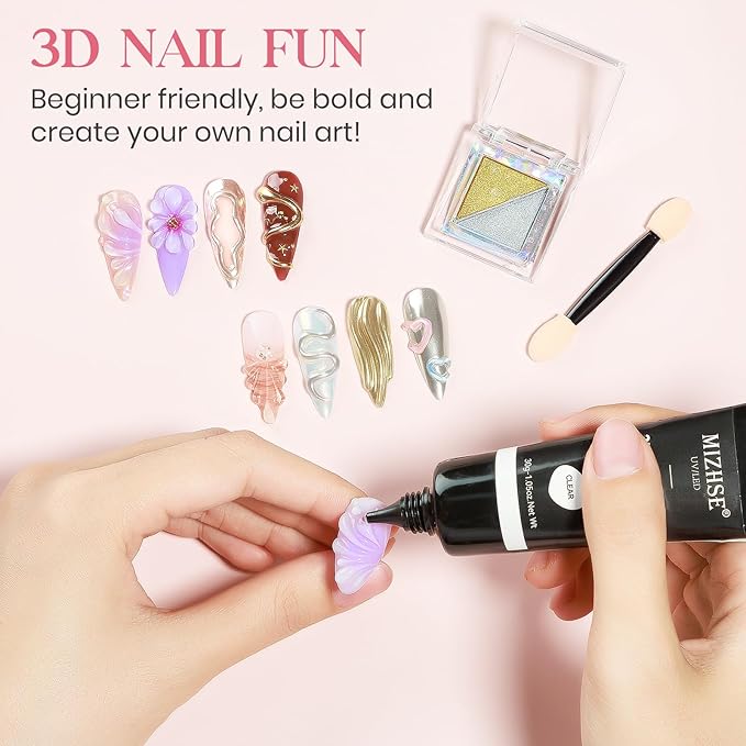 MIZHSE 3D Nail Gel 30G Clear 3D Nail Art 3D Sculpting Gel with Chrome Powder for Nail Art Design Molding Gel for Nails No Wipe Supply U V LED Gels Polish for Nails Sculpture Home DIY