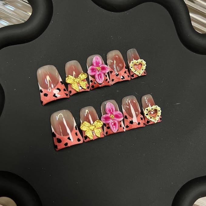 10pcs Handmade Press on Nails for Women - Medium Duck Curve 3D Thick Acrylic Fake Nails Reusable,Designer Floral Butterfly Rhinestones Bling Boho Funky Y2k Nail-art Set,L,pink leopard