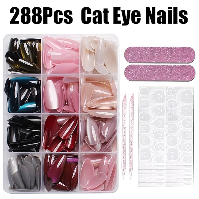 288Pcs Cat Eye Press on Nails Almond Shape 12 Color Glitter Fake Nails Medium, Sparkle Glass Nails Press on, Shiny Acrylic Glue on Nail Gradient Stick on Nail for Women Manicure