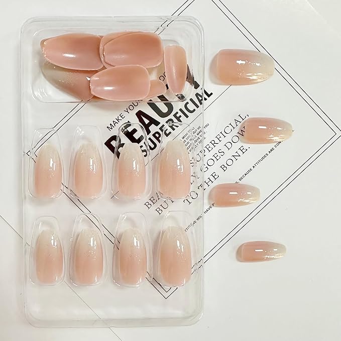 Ombre Press on Nails Medium Coffin Fake Nails Pink Gradient False Nails with Glitter Designs Glossy Glue on Nail Bling Shiny Full Cover Acrylic Stick on Nail for Women Manicure 24Pcs