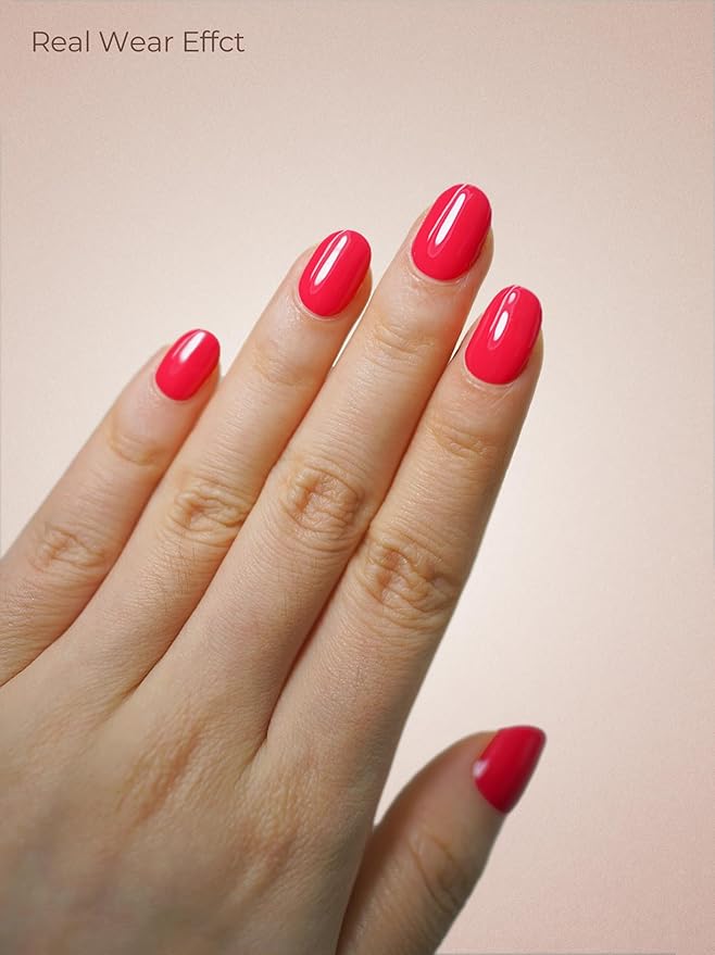 Real Gel Nail Strips (No UV Light Needed) - 44Pcs Salon Quality Nail Stickers - Long Lasting Polish Wraps for Women, Easy Apply & Remove (Cherry Pop Red)