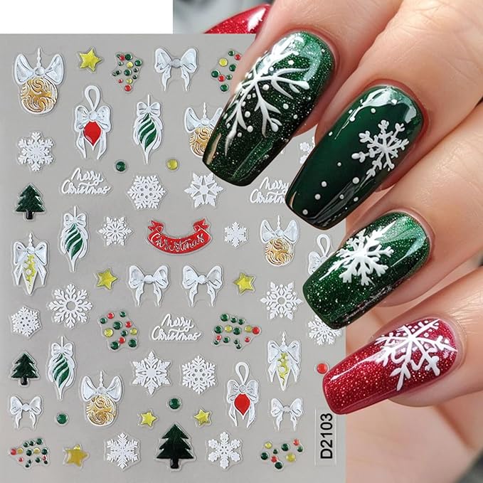 Christmas Nail Stickers for Nail Art Snowflowers Christmas Tree Reindeer Nail Art Stickers 5D Embossed Winter Nail Decals 3D Self-Adhesive Nails Supply Manicure Sliders for Nails Decoration 6 Sheets