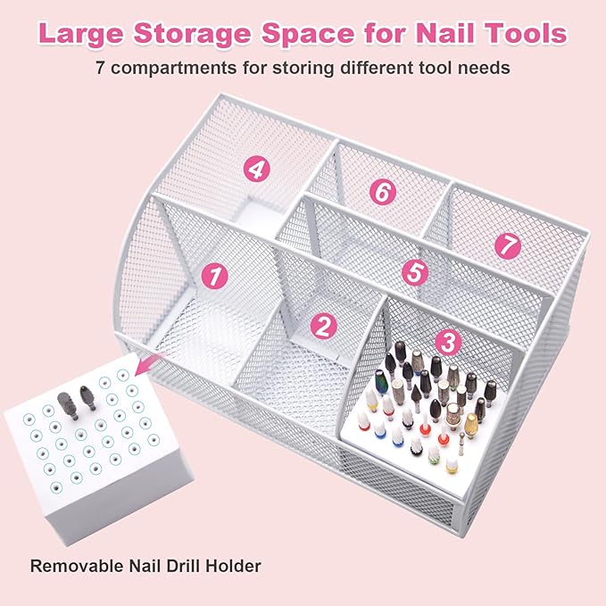CGBE Nail Drill Bits Holder: 60 Holes Professional Drill Bit Holder for Nails - Mesh Metal Nail Tools Organizer Display Case - Nail Desk Organizer for Nail Tech - White (Not Included Nail Drill)